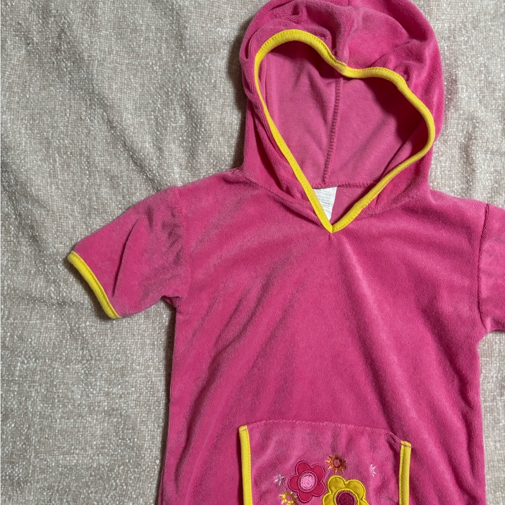 Vintage Pink Hooded Short-Sleeve Swim Pullover or Coverup with Yellow Trim